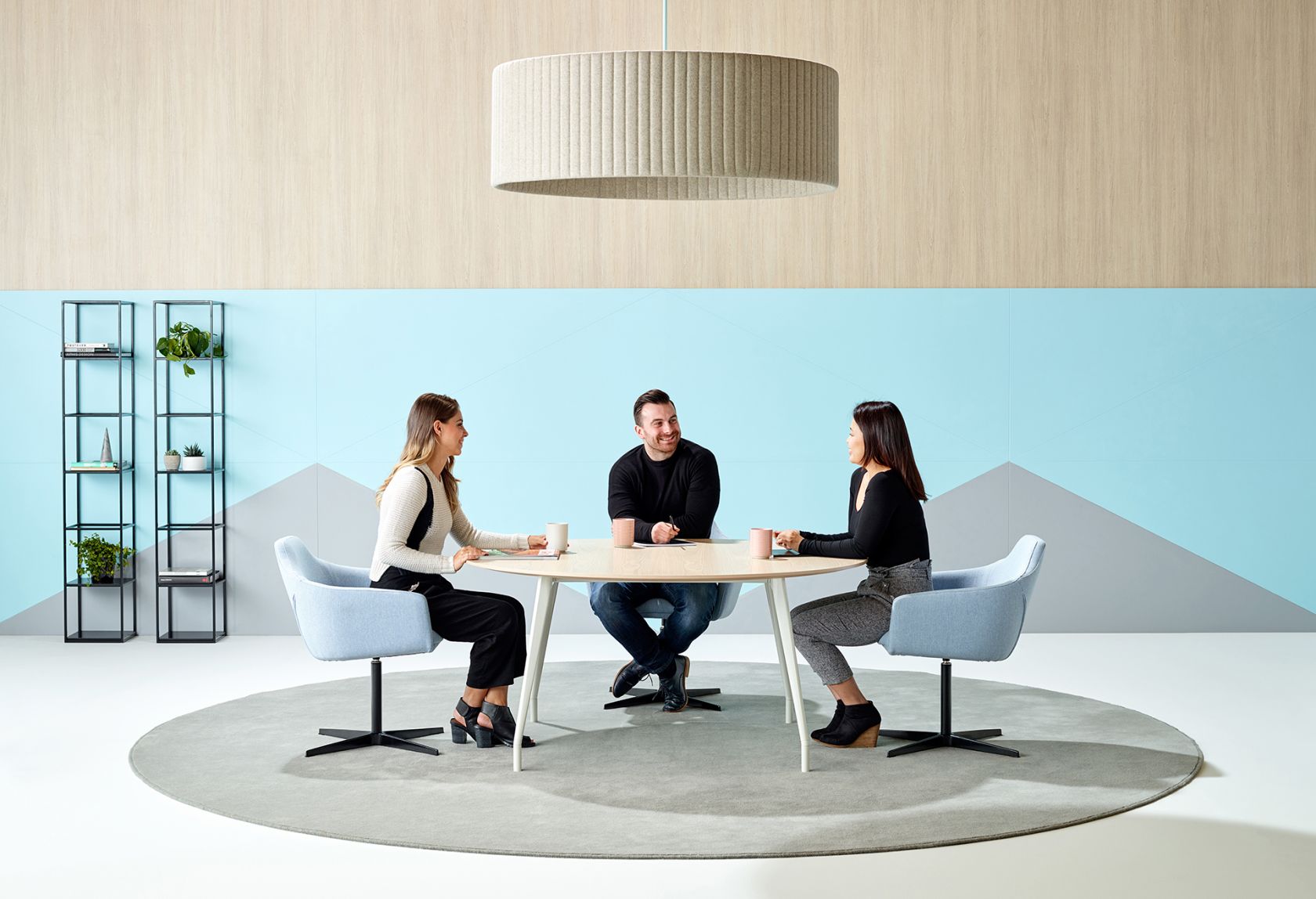 Aire Round Table, Baffle Light, Palomino Chair and Vertical Garden