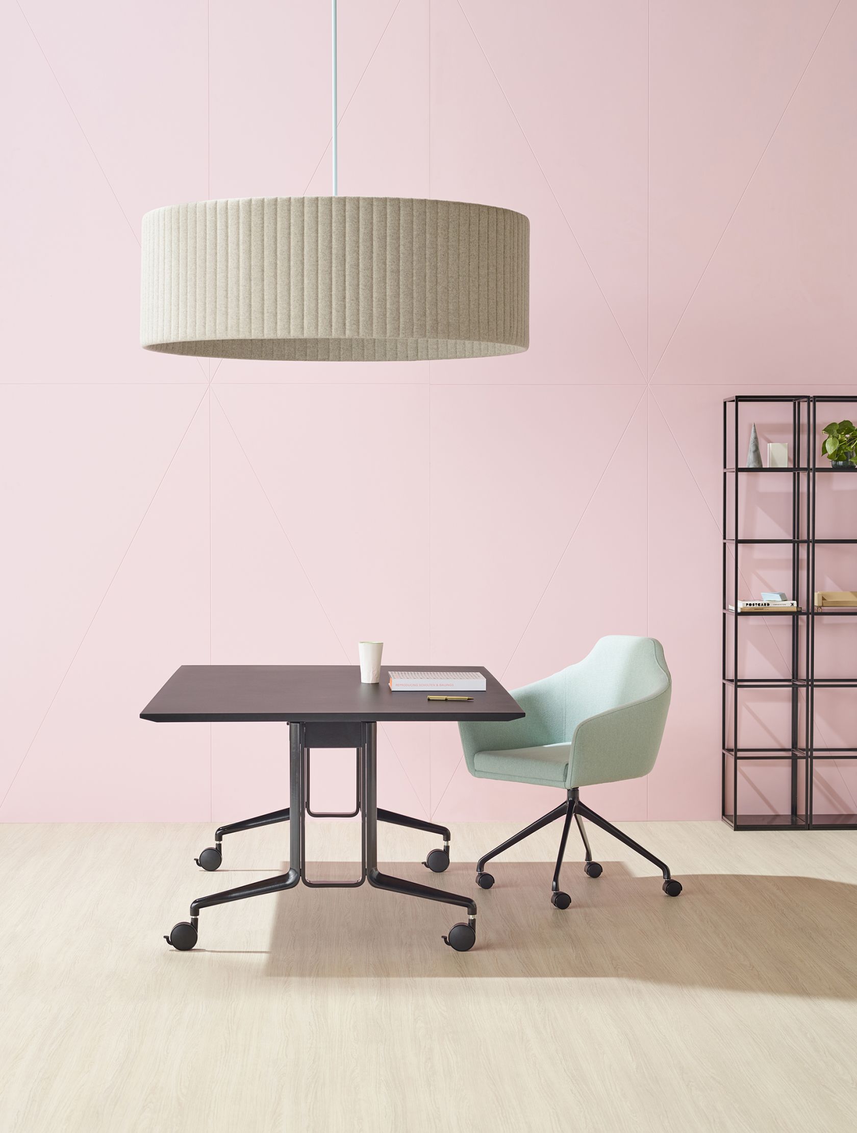 Aire Fold Table, Baffle Light, Palomino Chair and Vertical Garden