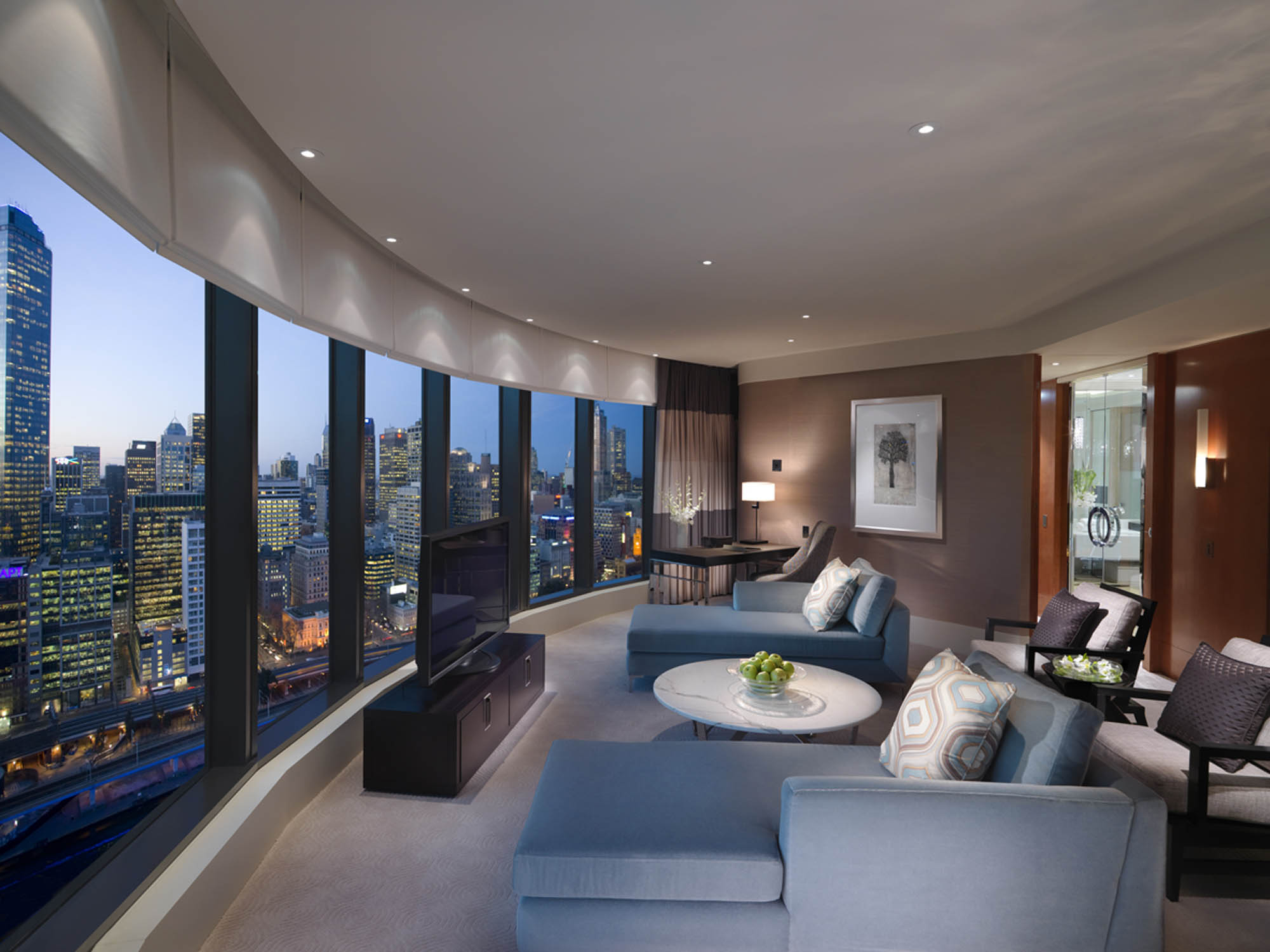 crown towers hotel fitout melbourne crown casino premier suite living room panoramic view-sofa curved window
