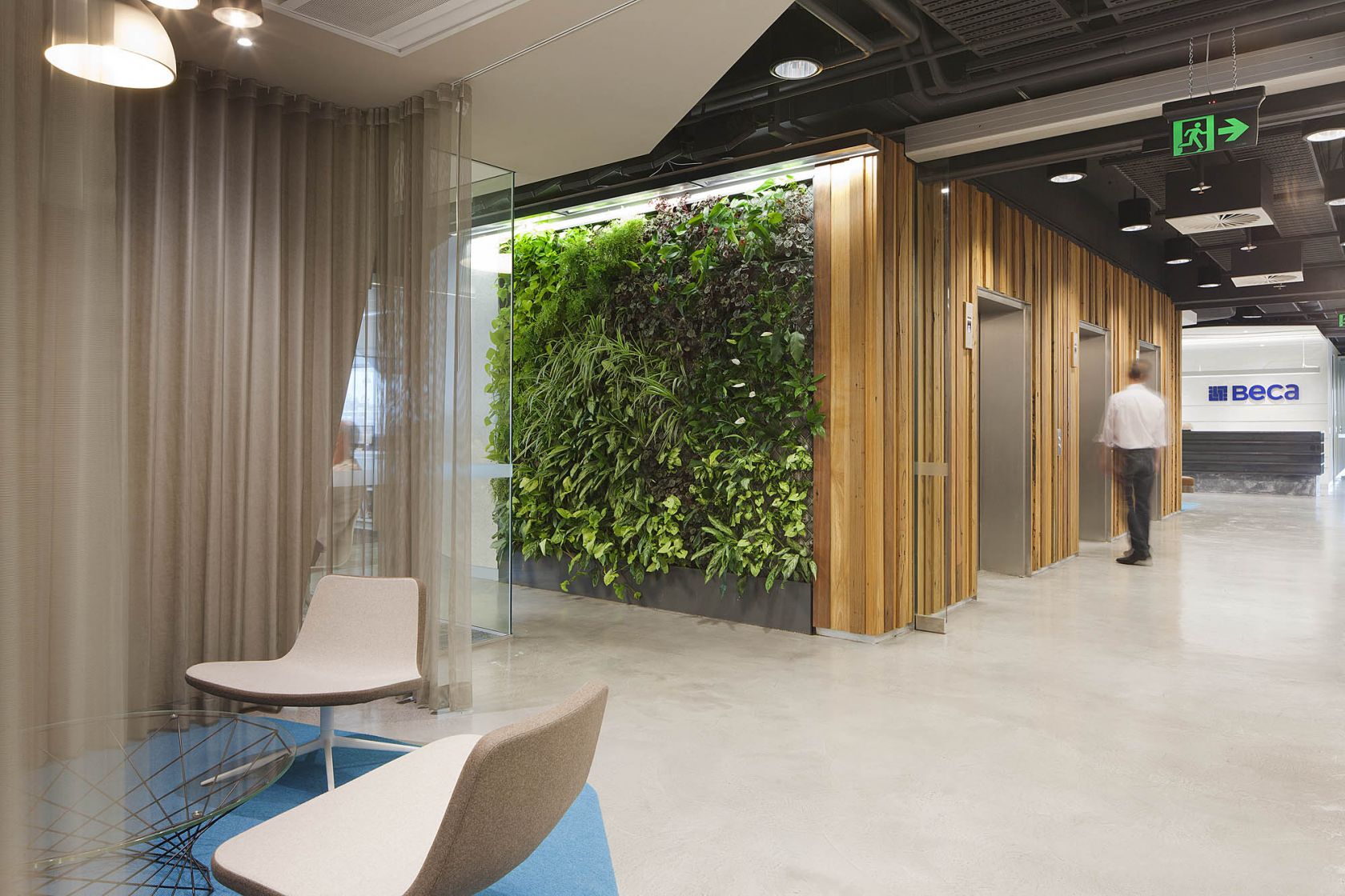 beca engineering brisbane fitout garden vertical green timber focus booth 