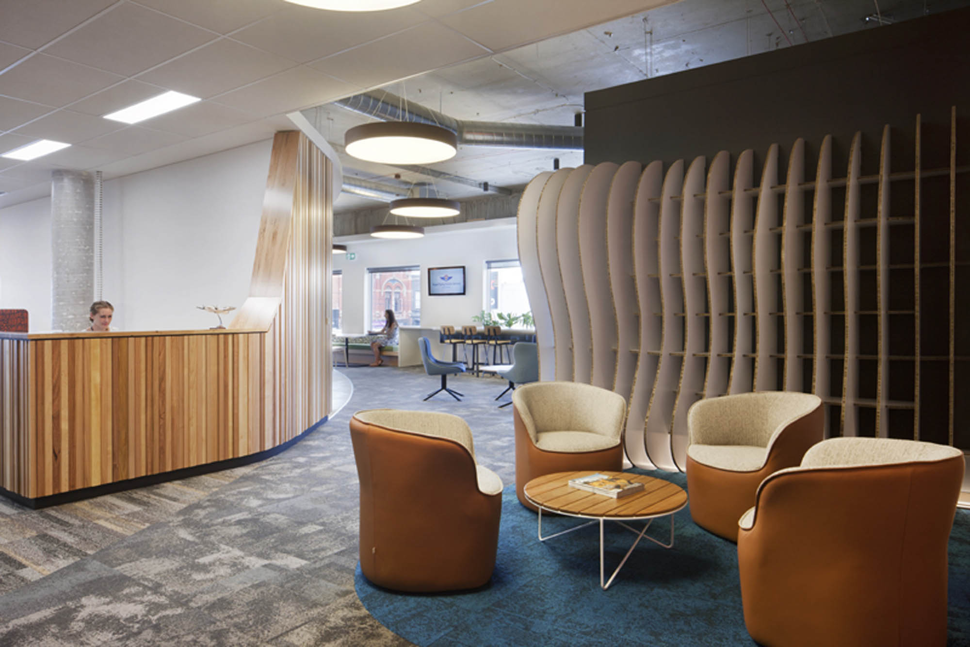 royal flying doctors service melbourne workplace fitout reception seating pendant light 
