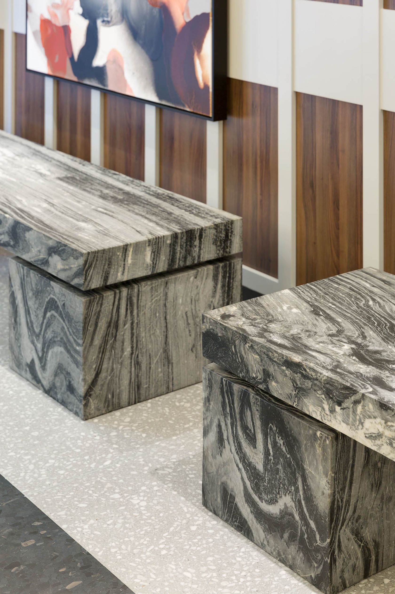 black and white marble bench seat close up in lobby