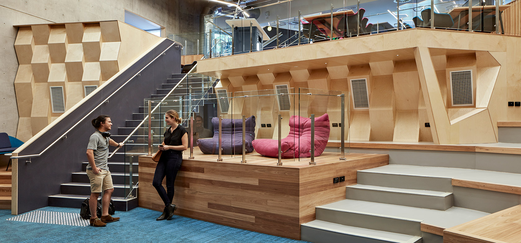 Queensland University of Technology Lecture Theatre Fitout with Students in front of timber joinery