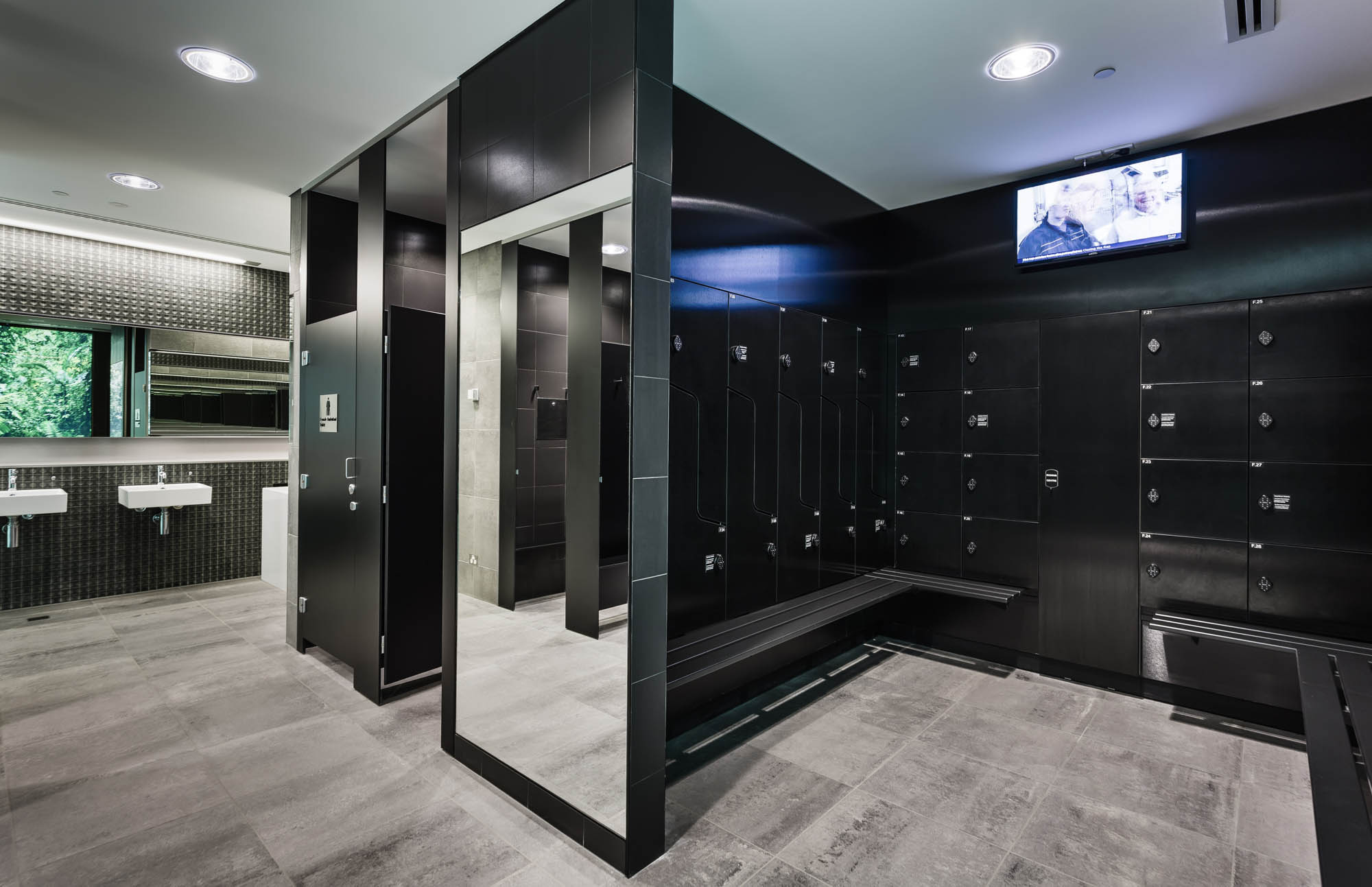 321 kent street sydney end of trip mirror stall bathroom lockers tv sink vanity black fitout upgrade 