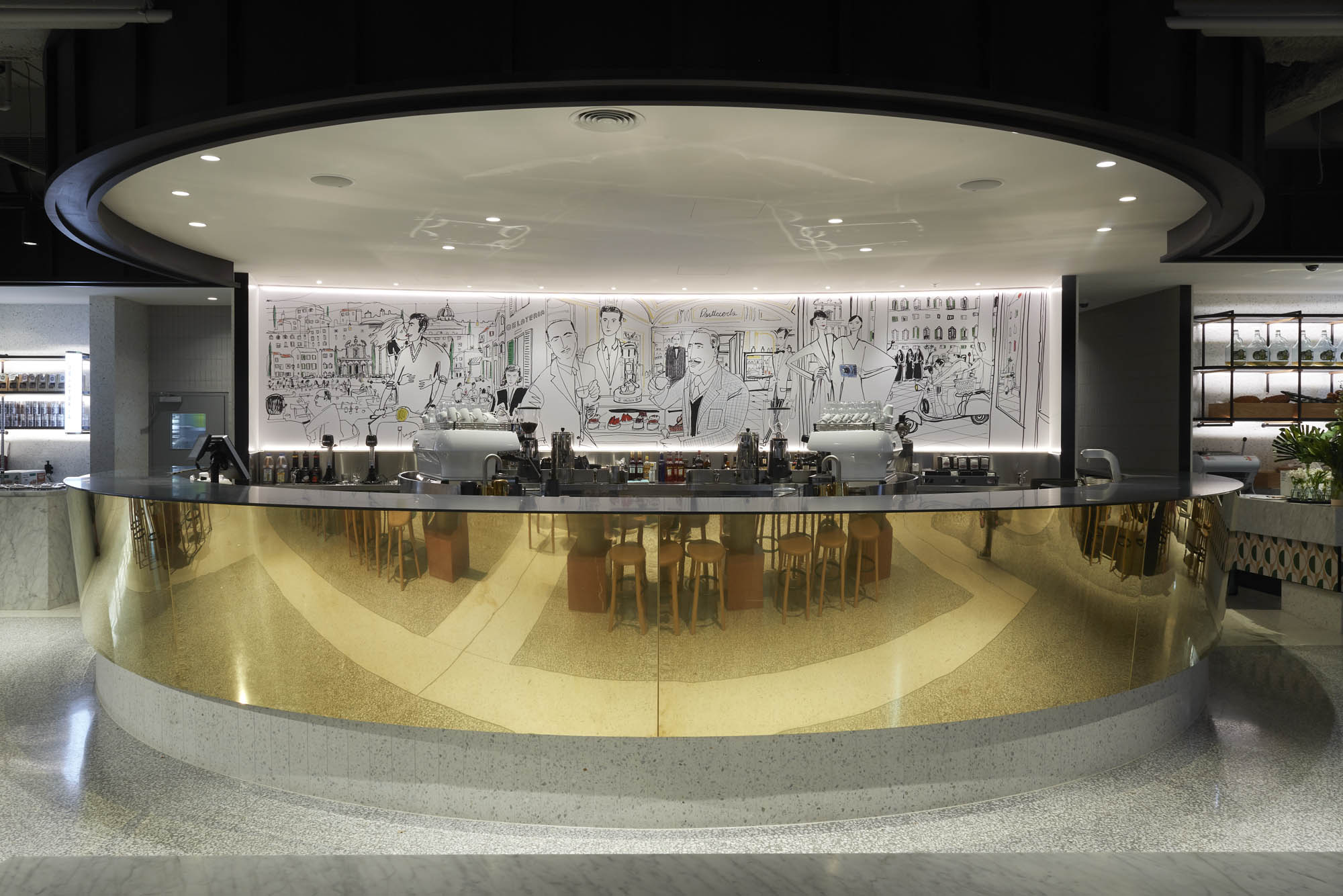 brunetti cafe emporium flinders lane hospitality demolition interior construction vic gold bar italian artwork coffee machine alcohol reflection