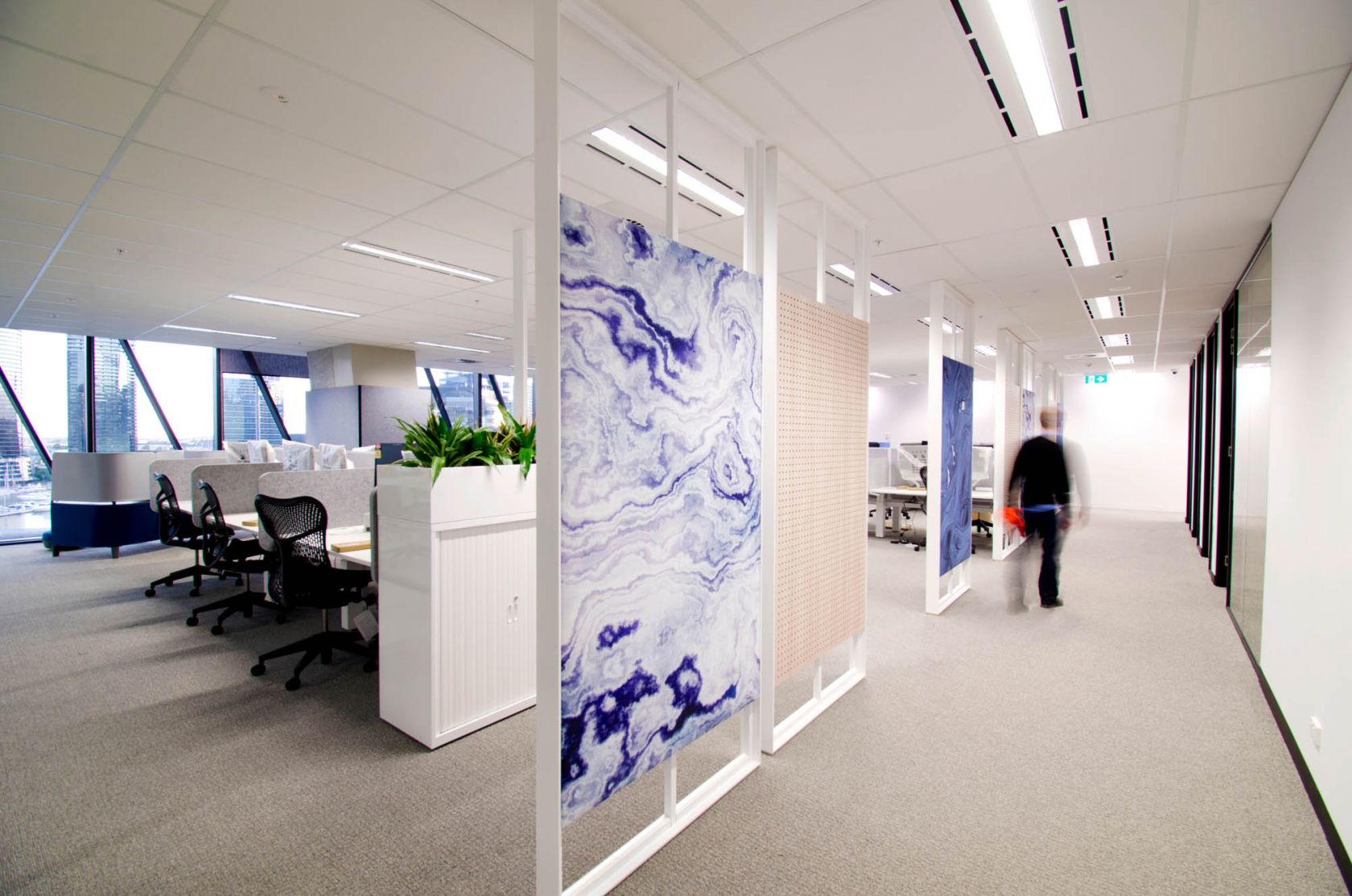 727 Collins St office workstations and blue pattern partitions