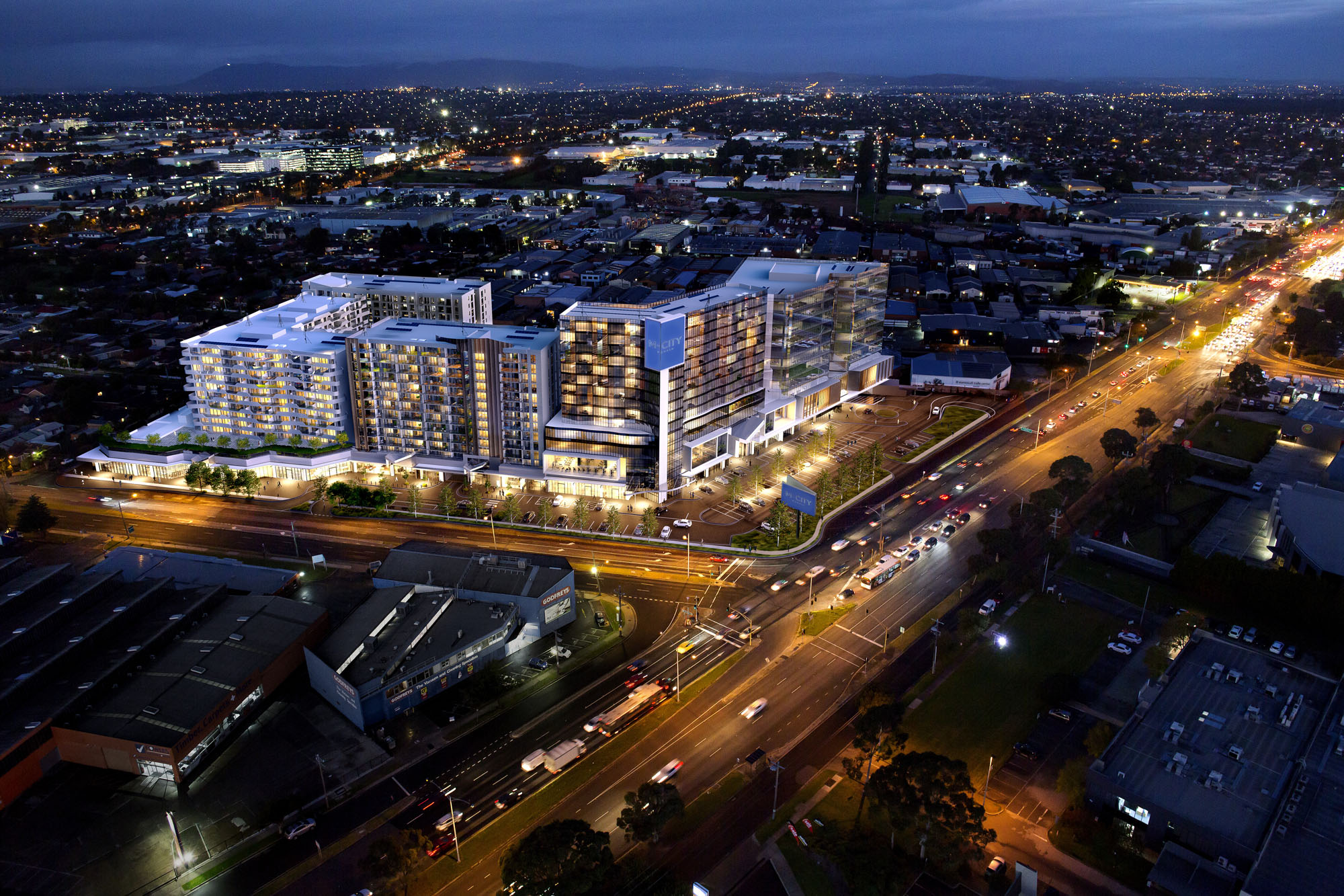 m-city monash clayton aerial view at night 