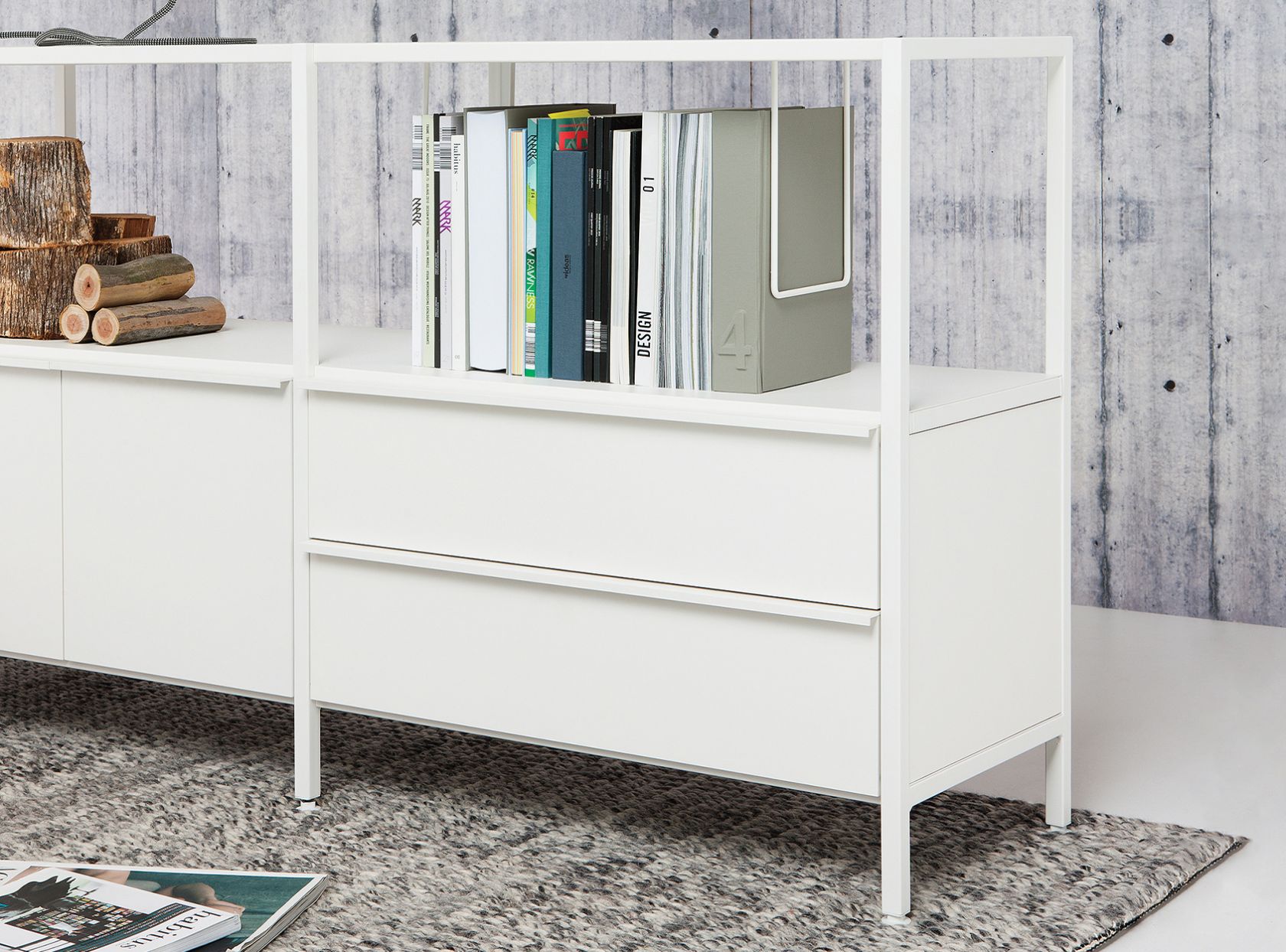 schiavello case storage in white cabinet with rug underneath