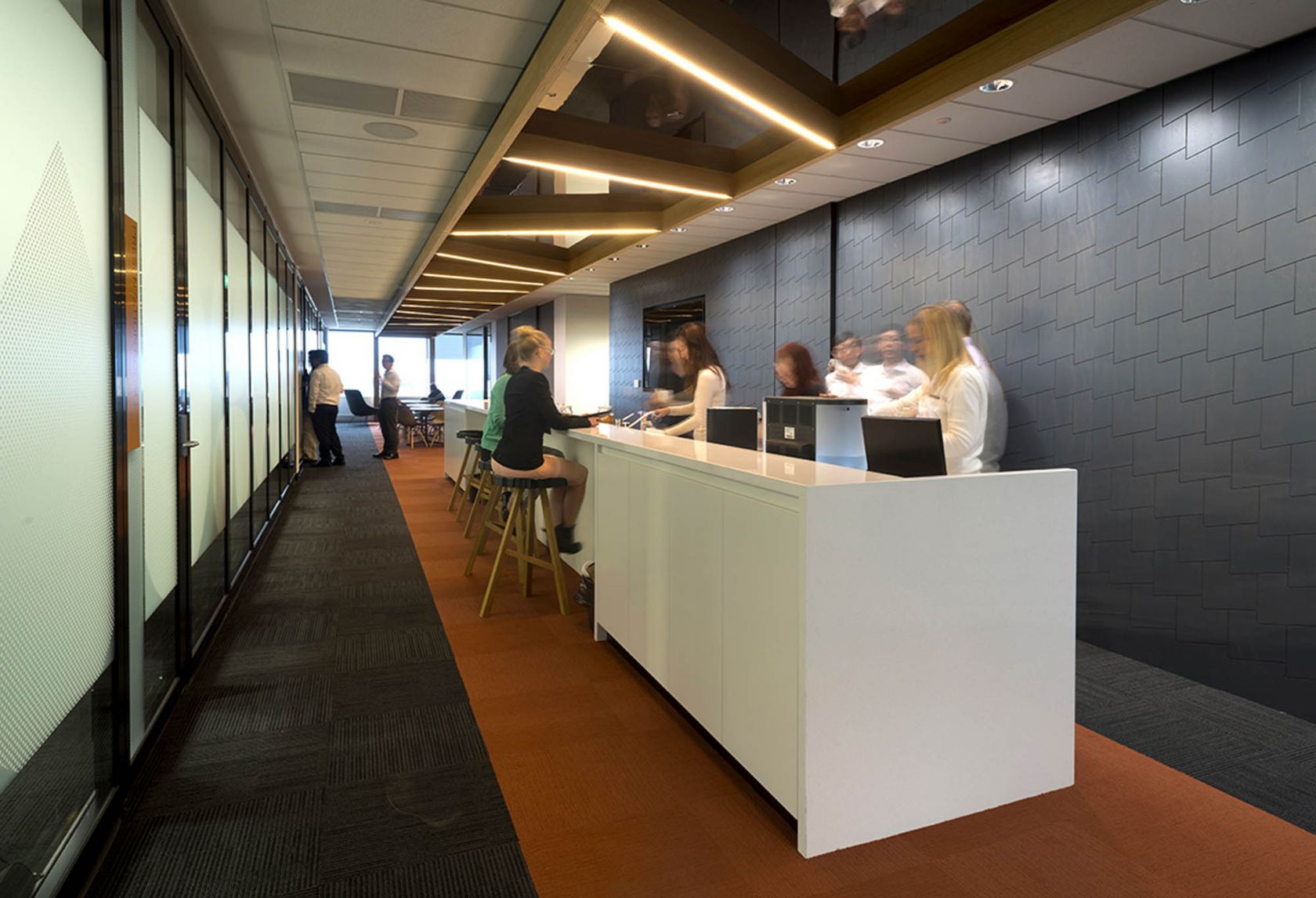 484 st kilda road workplace hub feature lighting reception brick wall fitout