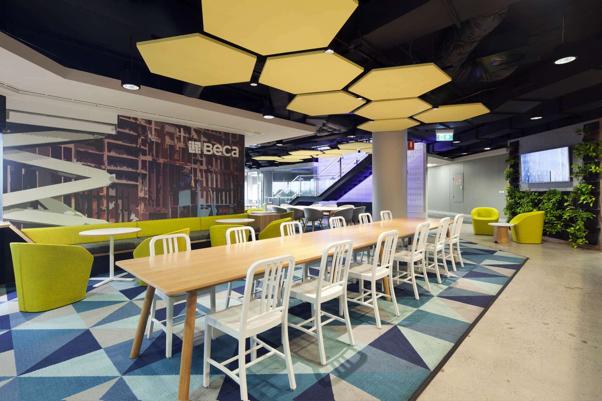 beca melbourne breakout green wall tv bulkhead feature ceiling seating fitout