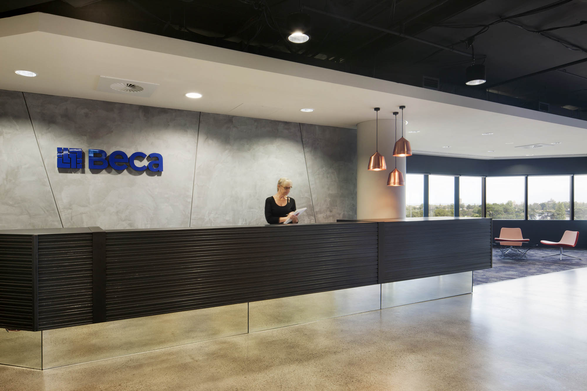 beca melbourne reception pendant lights signage bulkhead fitout