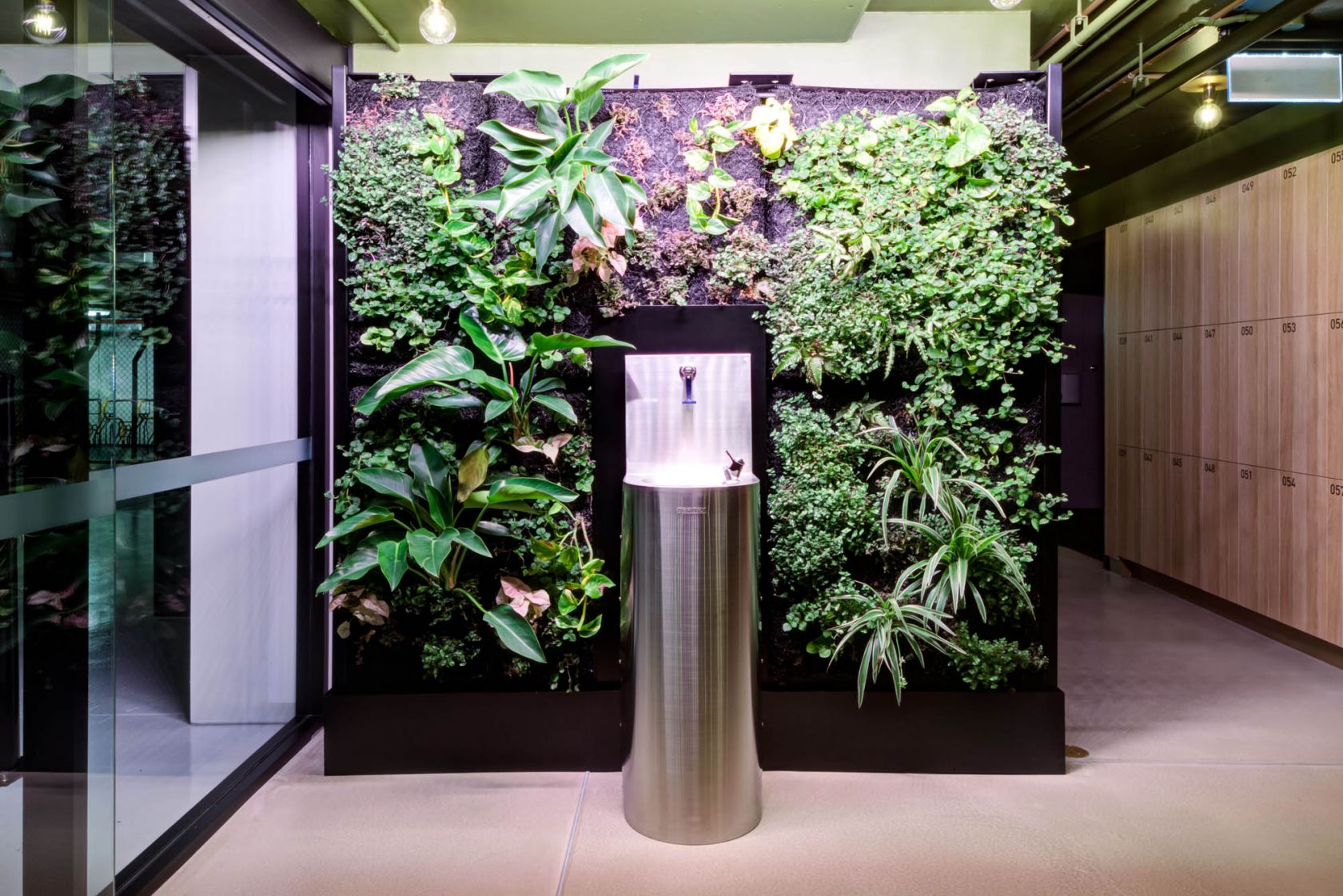 545 queen street brisbane end of trip water fountain in front of greenery plant wall