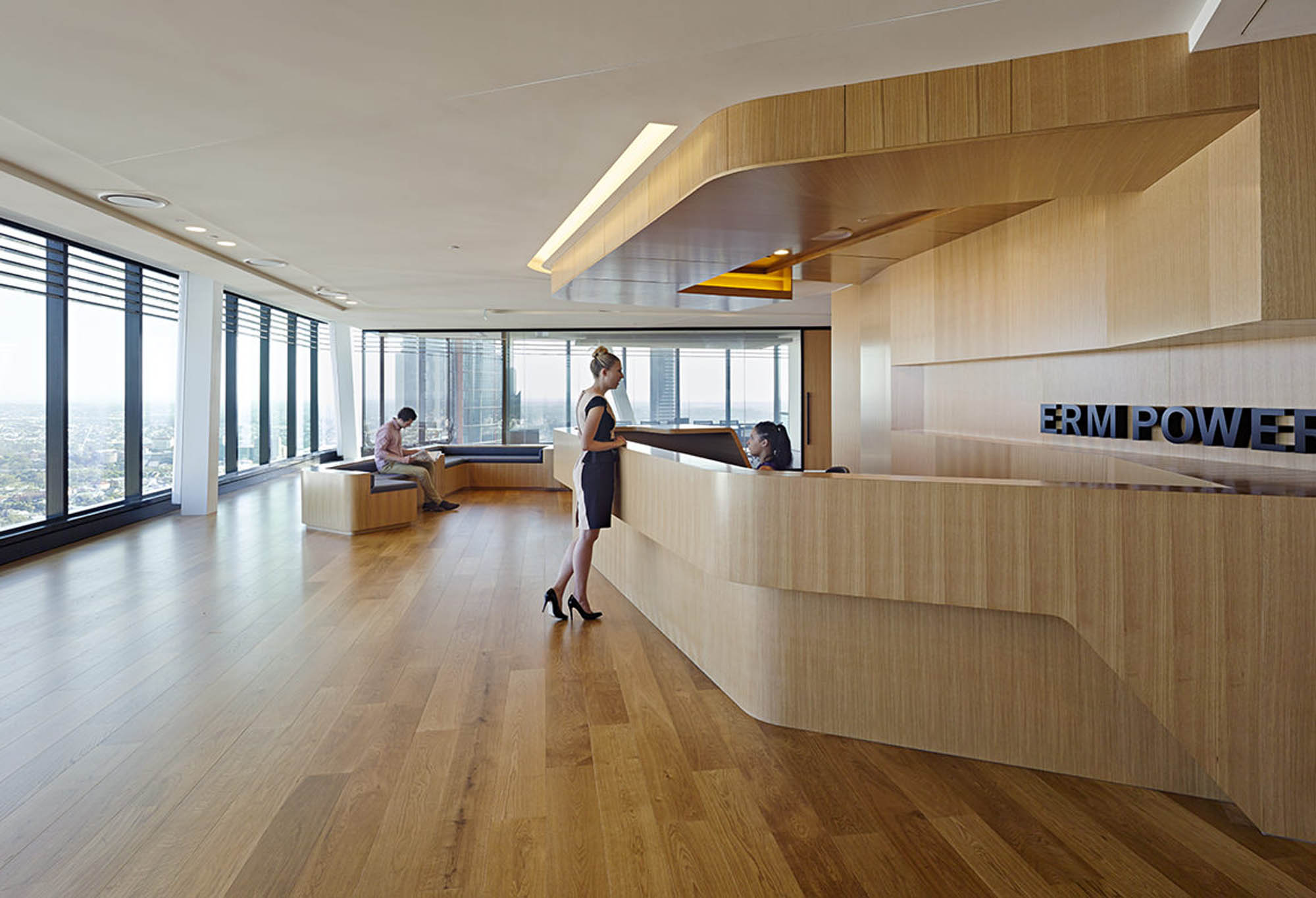 carousel erm power brisbane fitout office reception highrise timber
