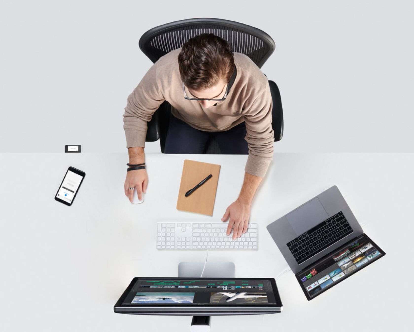 Top view of man at desk