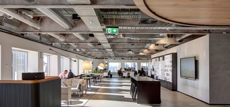 architectus office interior fitout melbourne exposed ceiling steal beams