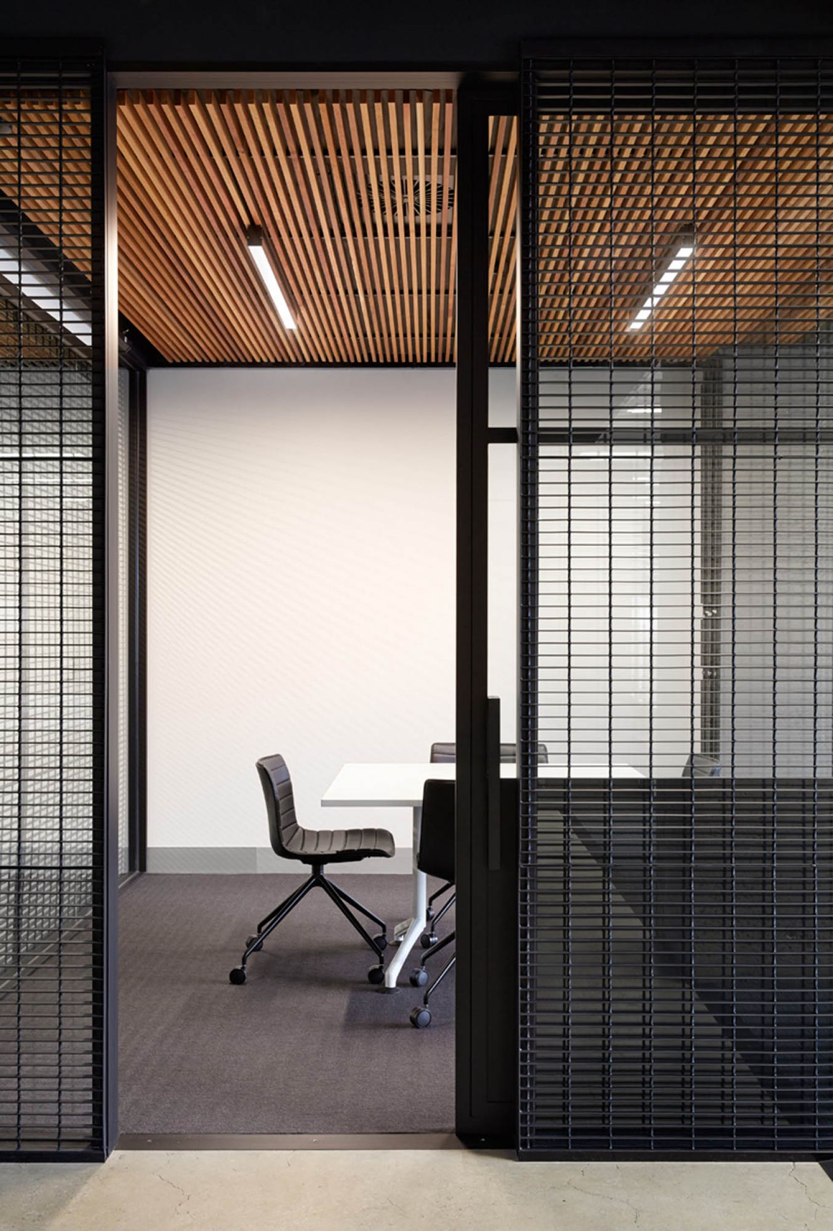 william street melbourne workplace fitout mesh screen partition timber batten ceiling emeeting room 