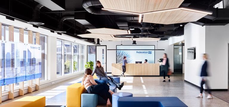 federation university of australia brisbane campus interior design faculty reception desk and timber bulkhead ceiling