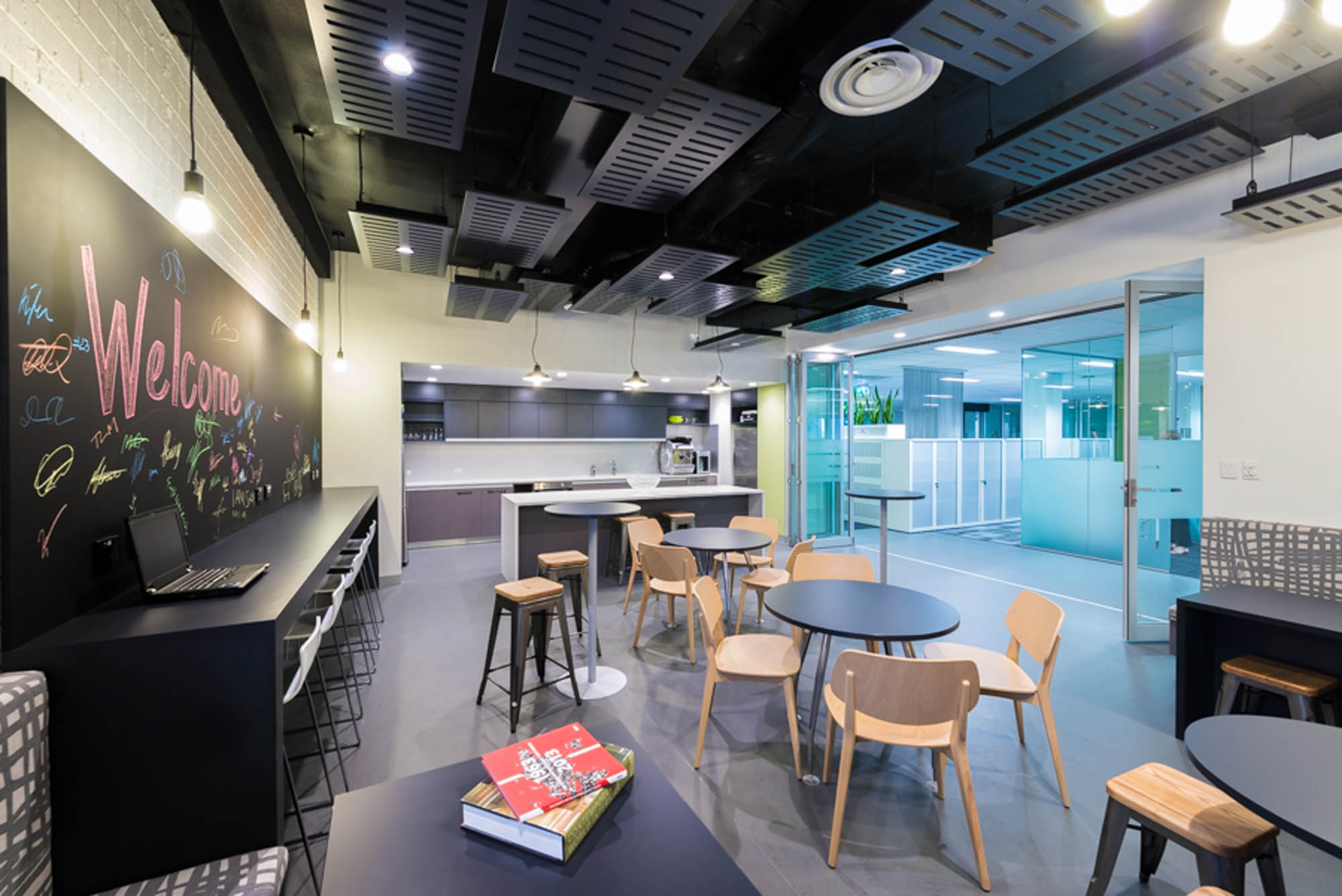 bdo adelaide breakout kitchen exposed ceiling ducts fitout