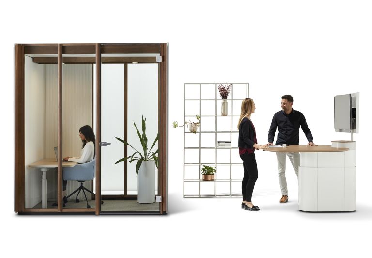 Focus Work Room, Krossi Workstation, Palomino Chair, Agile Table with Power Totem and Vertical Garden