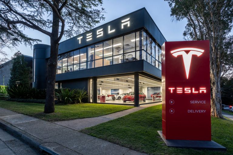 Telsa Chatswood Dealership Building Red Pylon Sign