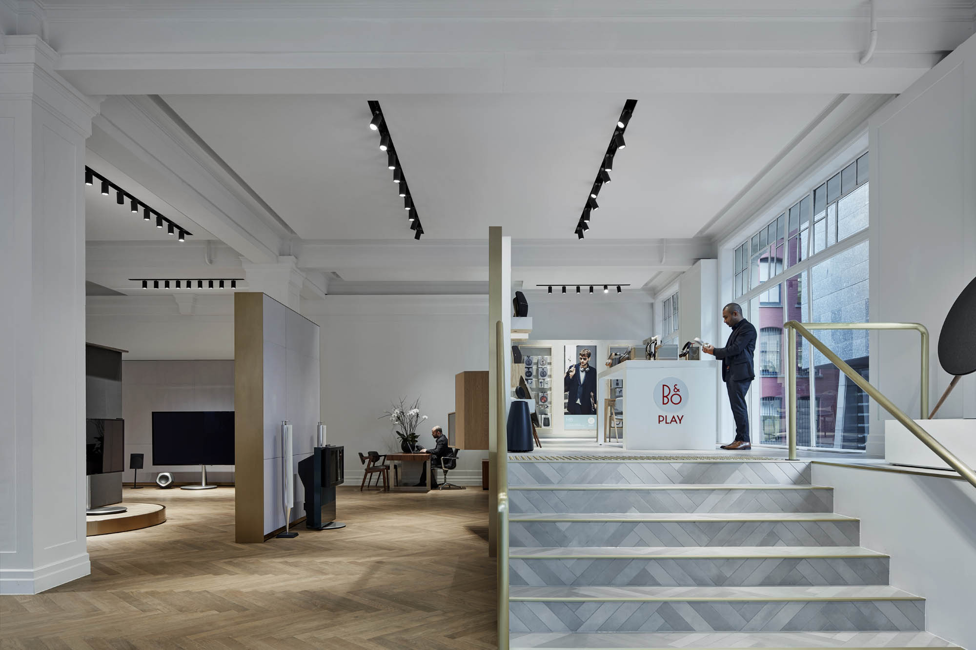 bang and olufsen melbourne showroom counter coffee stairs 