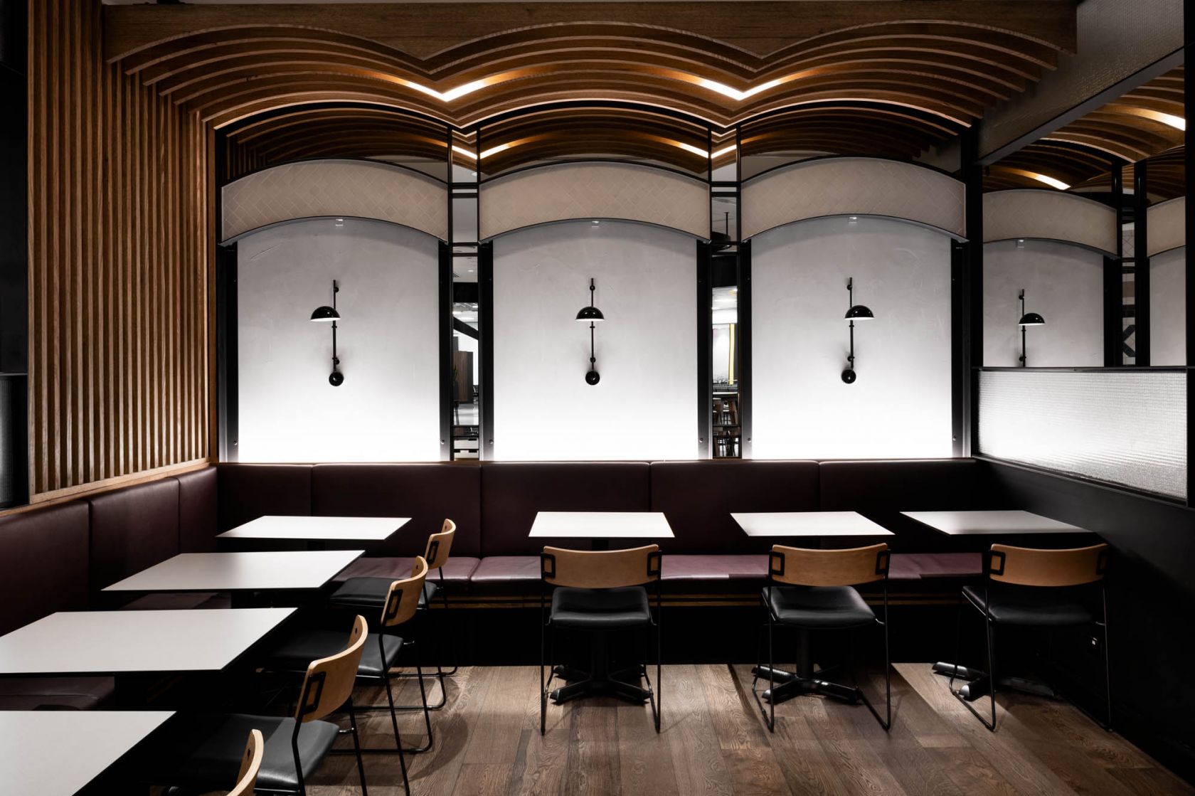 two johns cafe fitout curved feature timber ceiling