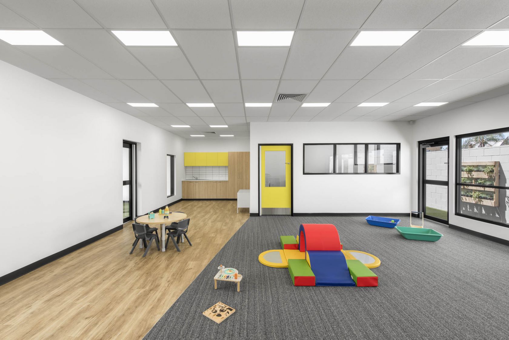 Treetops early learning centre kindergarten fitout adelaide construction education play room timber flooring carpet colours