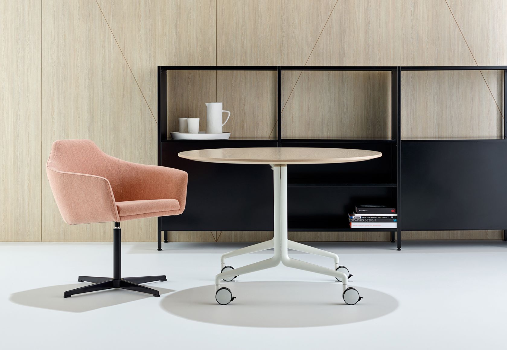 Aire Fold Round Table, Palomino Chair & Kase Storage