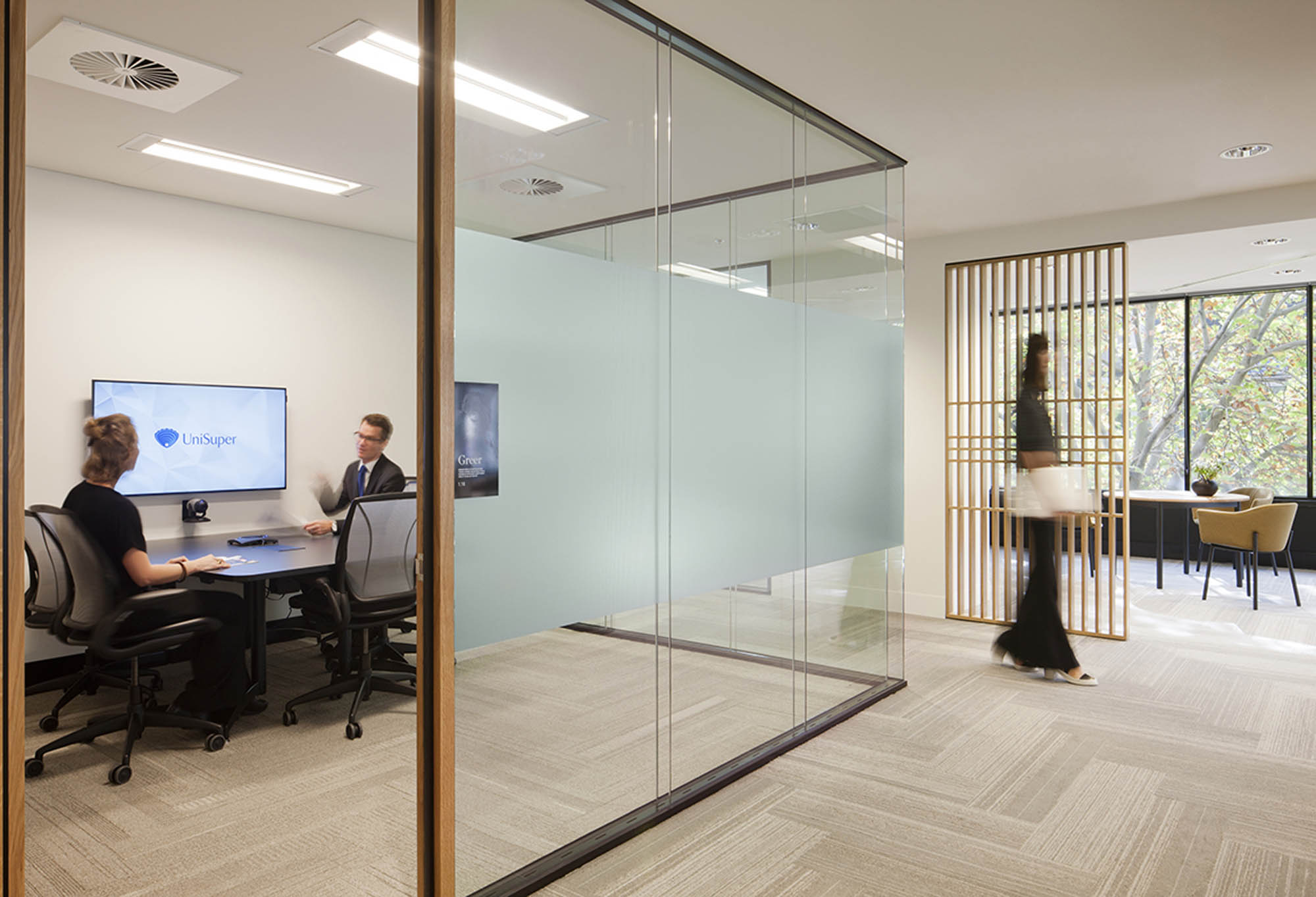 unisuper melbourne workplace office fitout glass timber meeting joinery partition 