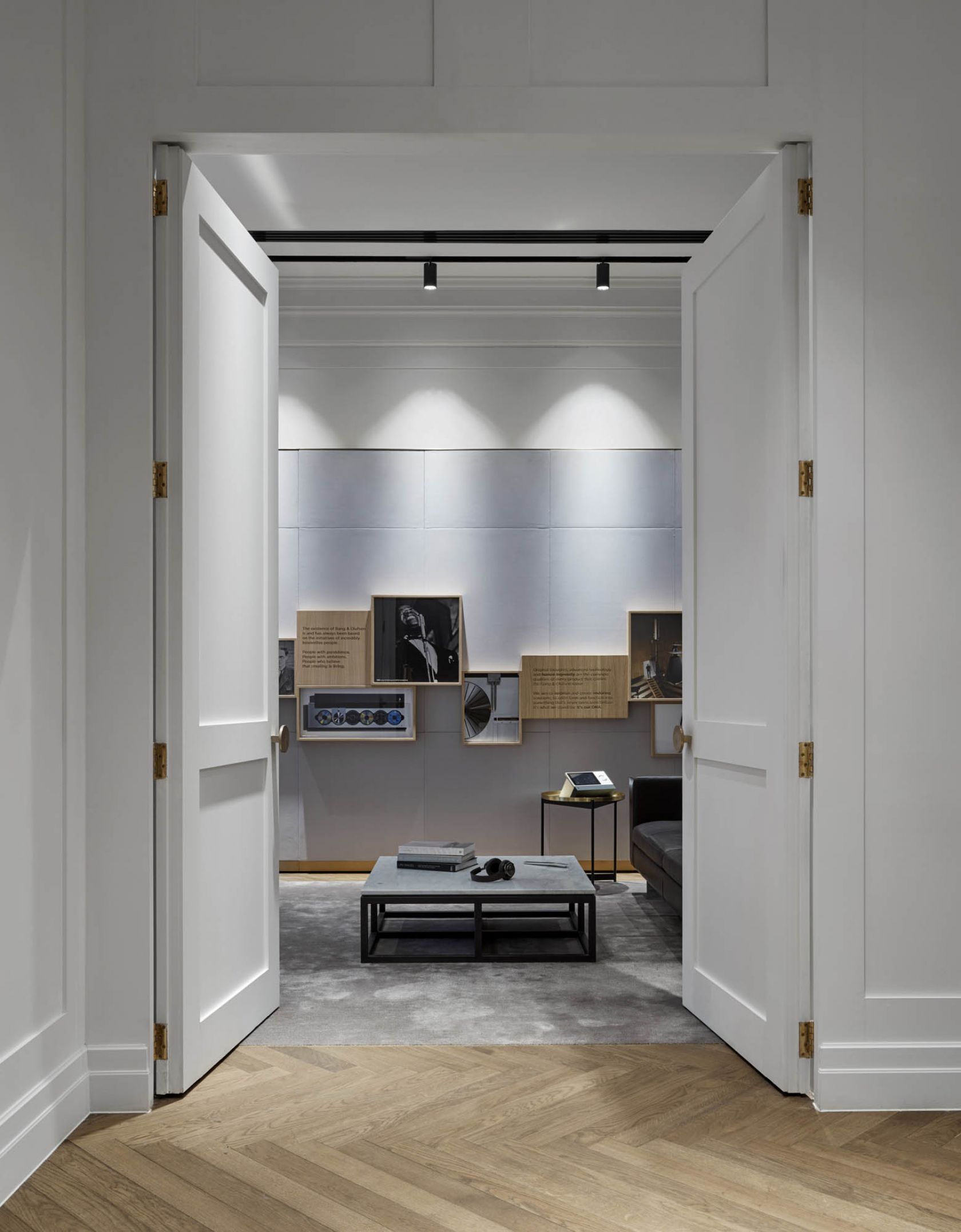 bang and olufsen melbourne showroom double doors track lighting herringbone 