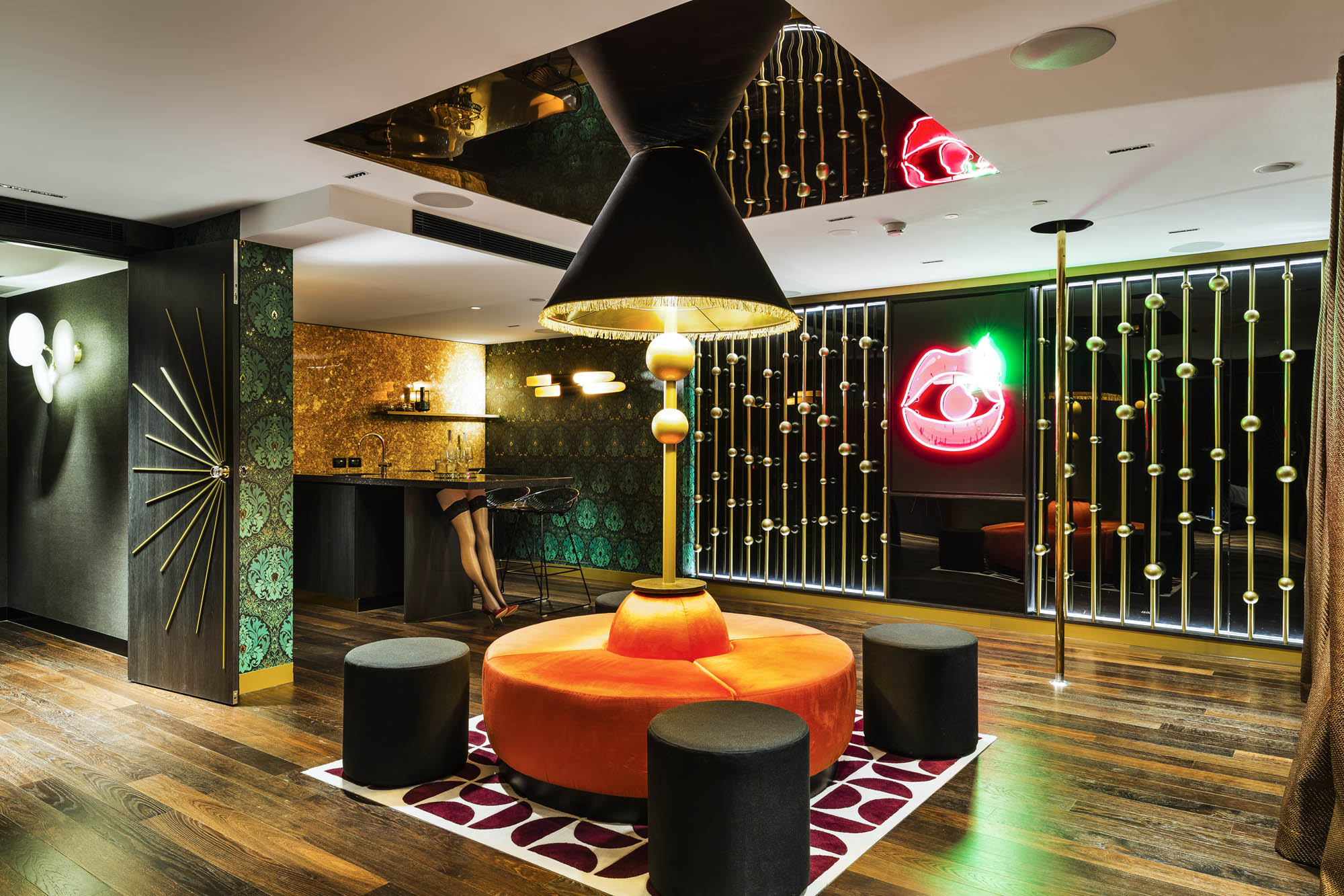 studios at the star sydney hotels design and construct nsw 70s glam mirrored walls neon lights ottomans karaoke lounge velvet