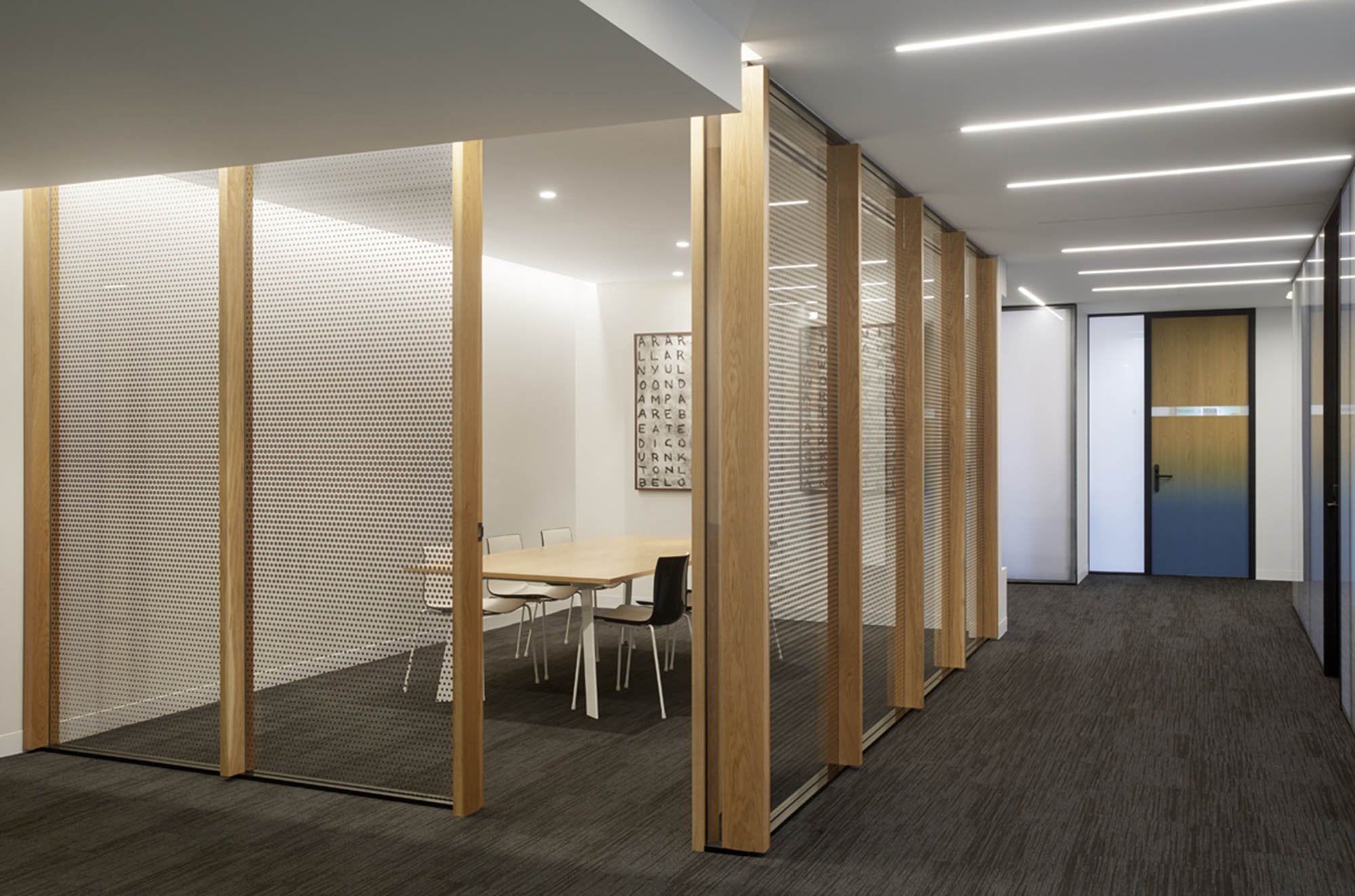 isaac chambers law fitout melbourne mesh perforated screen timber wood joinery meeting room 