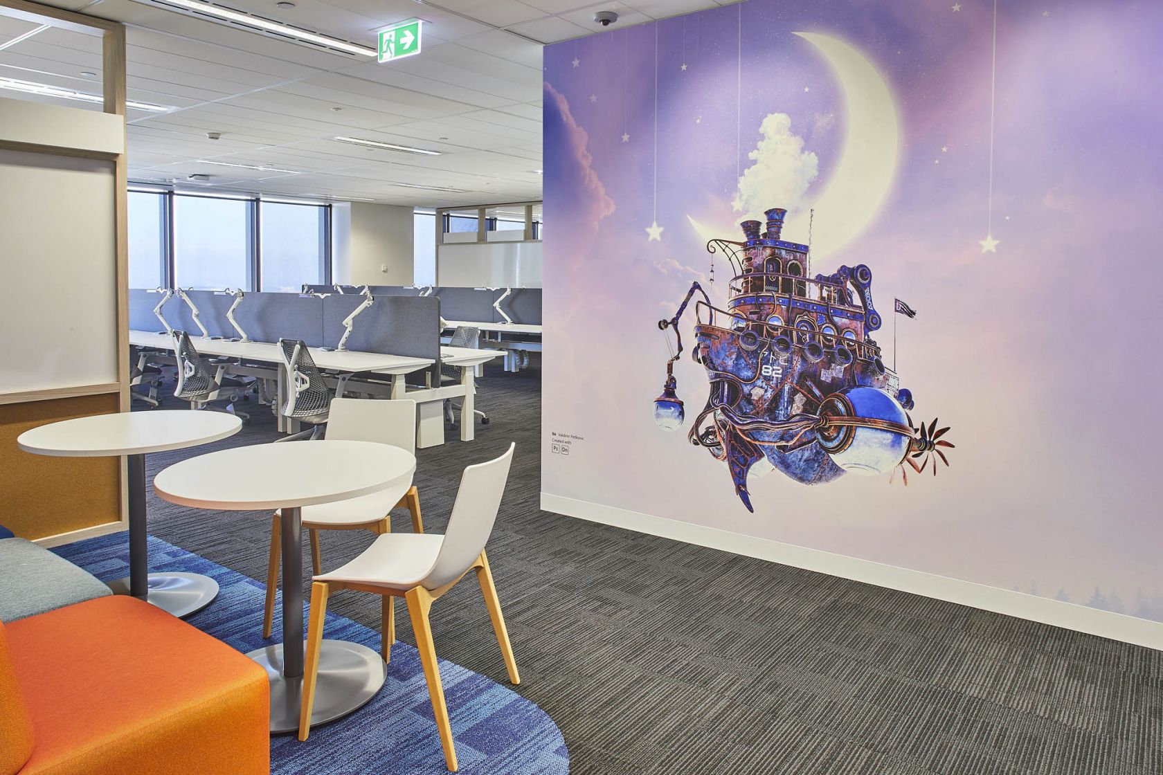 Adobe Head Office Australia Schiavello Fitout Workspace Commercial Office artwork painting workstation workspace breakout desks 