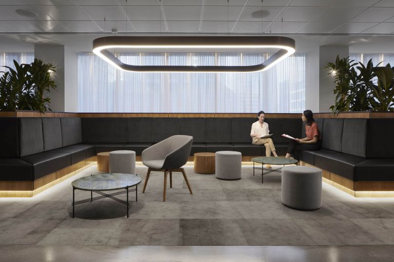 Leo Cussen Centre for Law Melbourne fitout education commercial waiting area pendant light booth seating collaboration