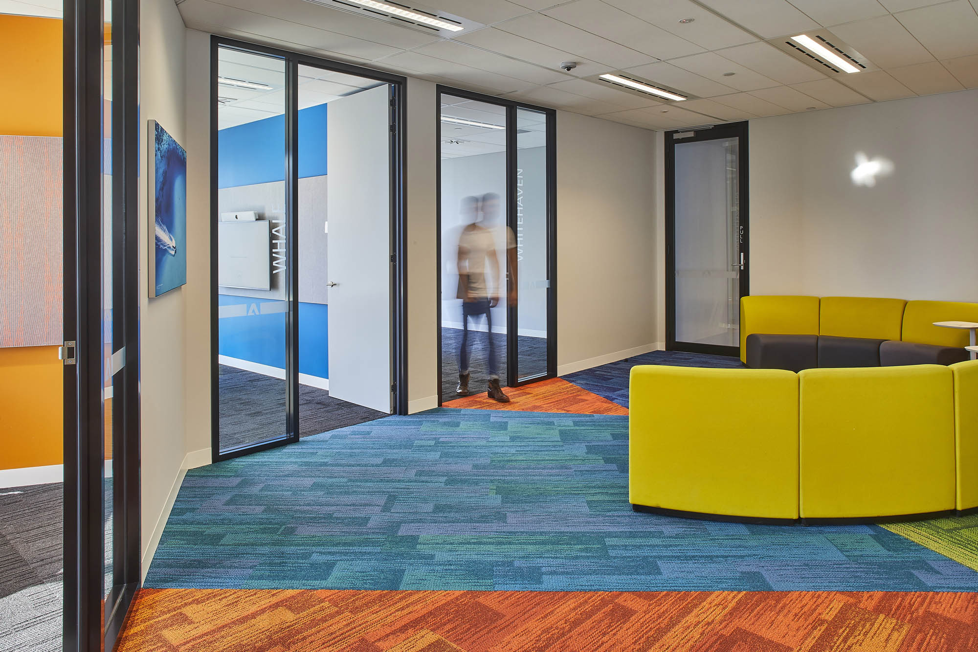 Adobe Head Office Australia Schiavello Fitout Workspace Commercial Office bright color colour carpet couch seating breakout meeting room