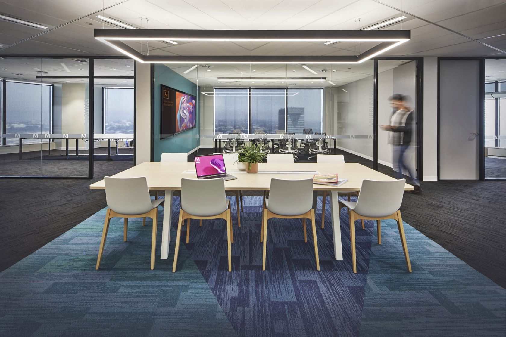 Adobe Head Office Australia Schiavello Fitout Workspace Commercial Office breakout communal workspace casual pendant lights glass glazed meeting room carpet 